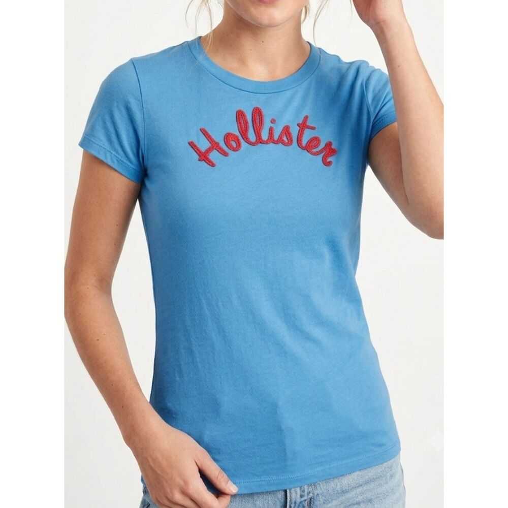 Hollister California Sky Blue Embroidered Script Logo Tee Size L Large